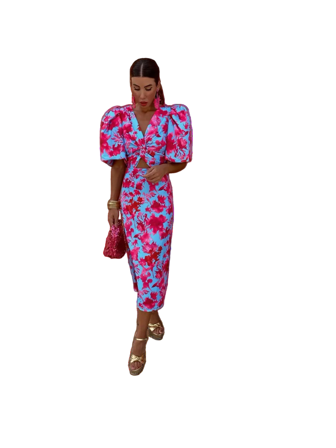 Women's dress with pleated sleeves and defined waist