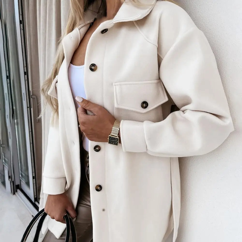 Women's long jacket with wide lapel and single-breasted front