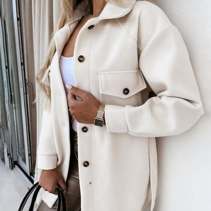 Women's long jacket with wide lapel and single-breasted front