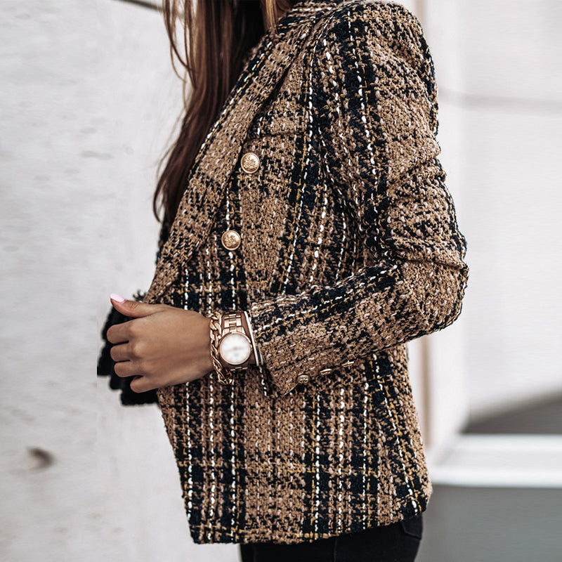 Women's cardigan with check pattern and tailored buttons