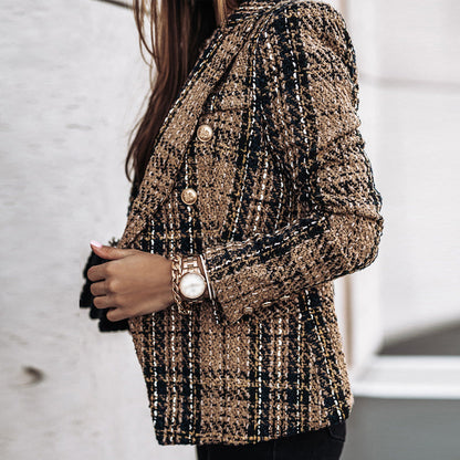 Women's cardigan with check pattern and tailored buttons