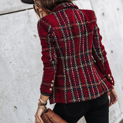 Women's cardigan with check pattern and tailored buttons