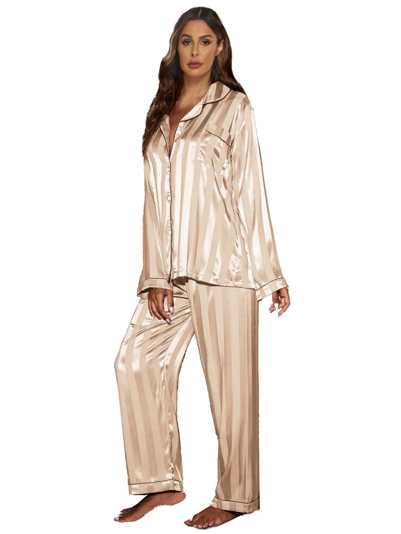 Women’s striped pajama set with long-sleeve top and relaxed bottoms