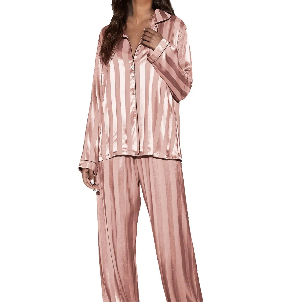 Women’s striped pajama set with long-sleeve top and relaxed bottoms