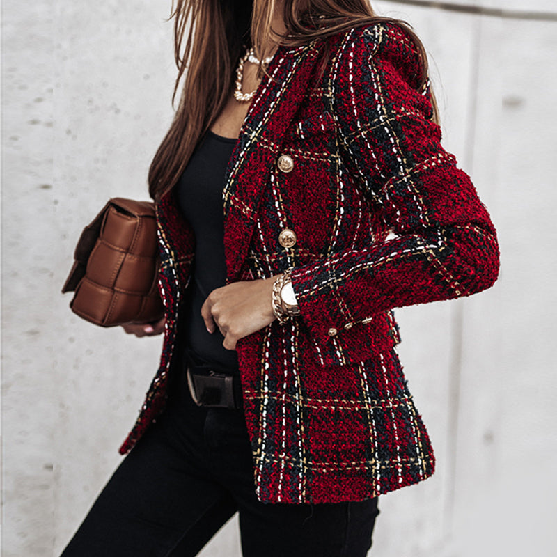 Women's cardigan with check pattern and tailored buttons