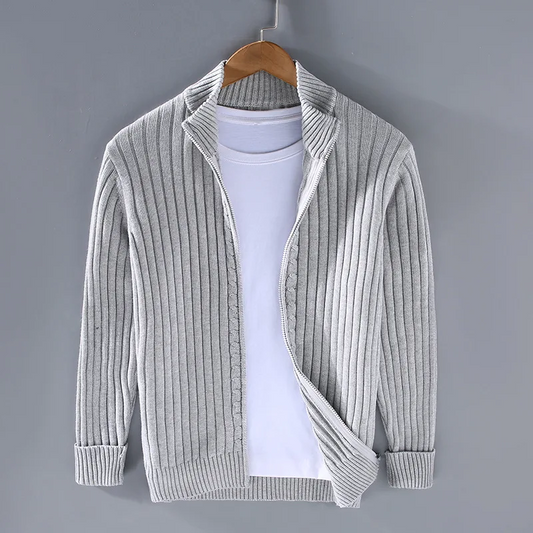 Men's zip cardigan with ribbed cuffs and structured silhouette